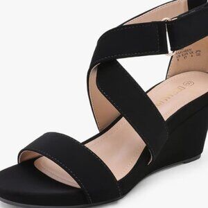 Black Nubuck Wedge Sandals 8.5 NIB Ankle Strap